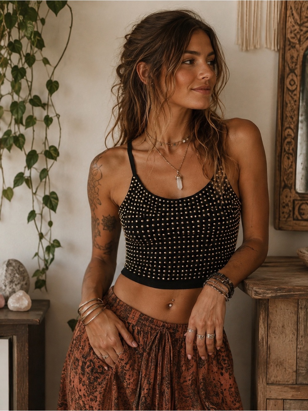 Forever 21 Black & Gold Studded Crop Top | Boho Rocker